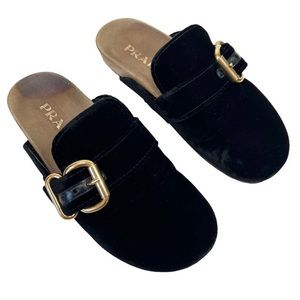 Prada Womens Potato Black Velvet Gold Buckle Slip On Flats Clog Shoes 38